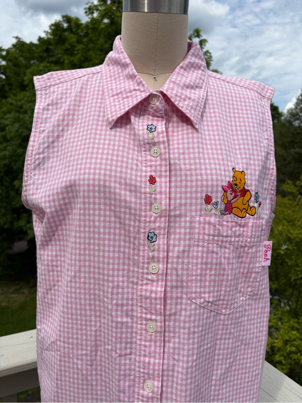 Vintage Winnie the Pooh Piglet Pink Gingham Top Large 90s Y2K Cottagecore Disney - Picture 4 of 12